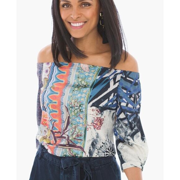 Chico's‎ Floral-mix Off-the-Shoulder Top Satin sz 1 - US Size M (8) - Picture 1 of 8